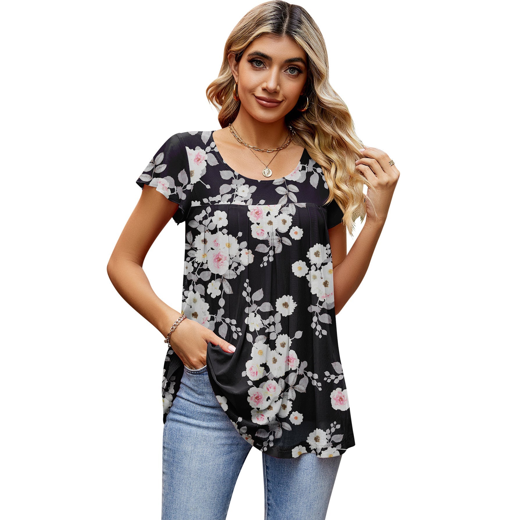 Breathable Elegant Mesh Floral Print Short Sleeve Shirt Limorista