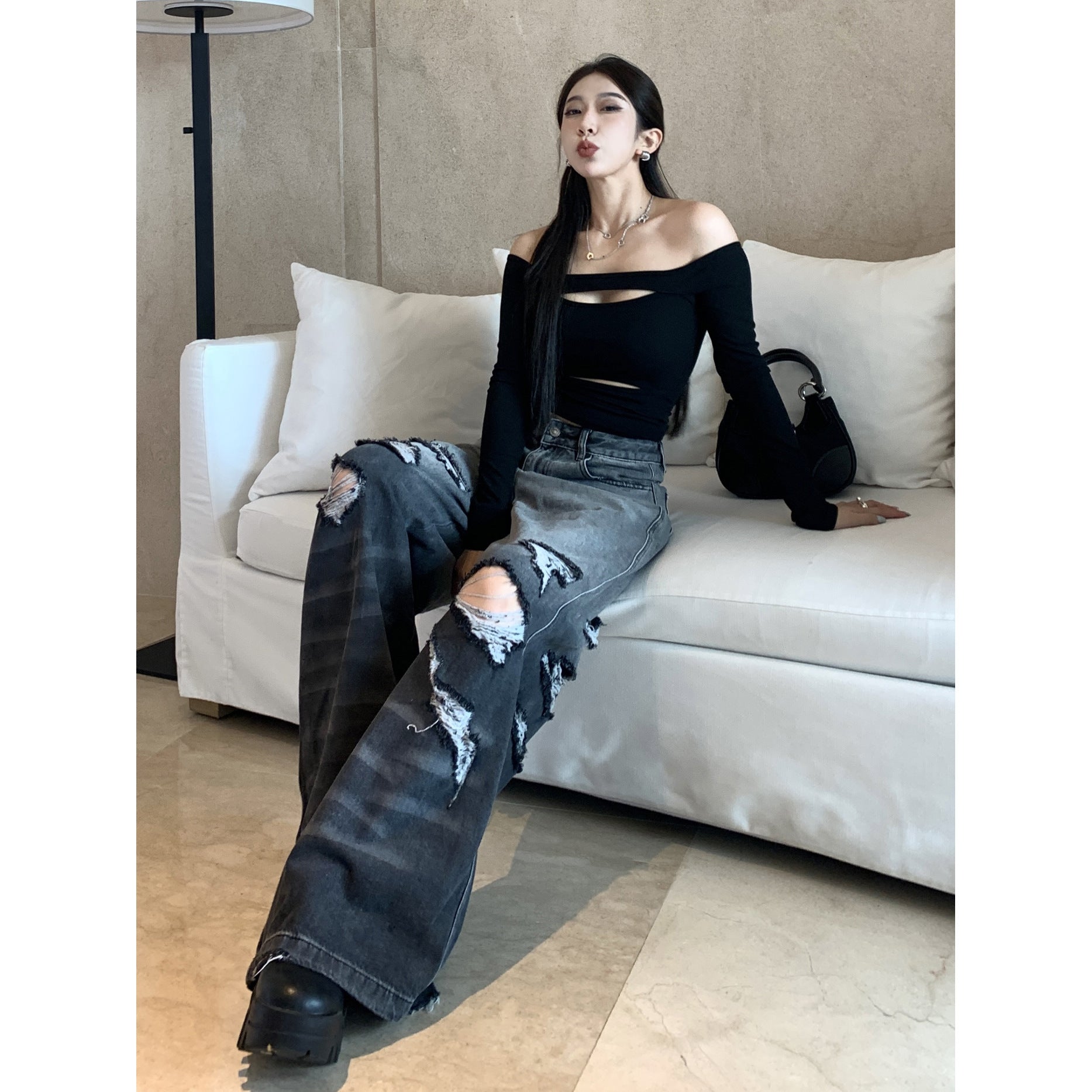Gradient Color Big Ripped Hot Girl Wide Leg Jeans For Women Limorista
