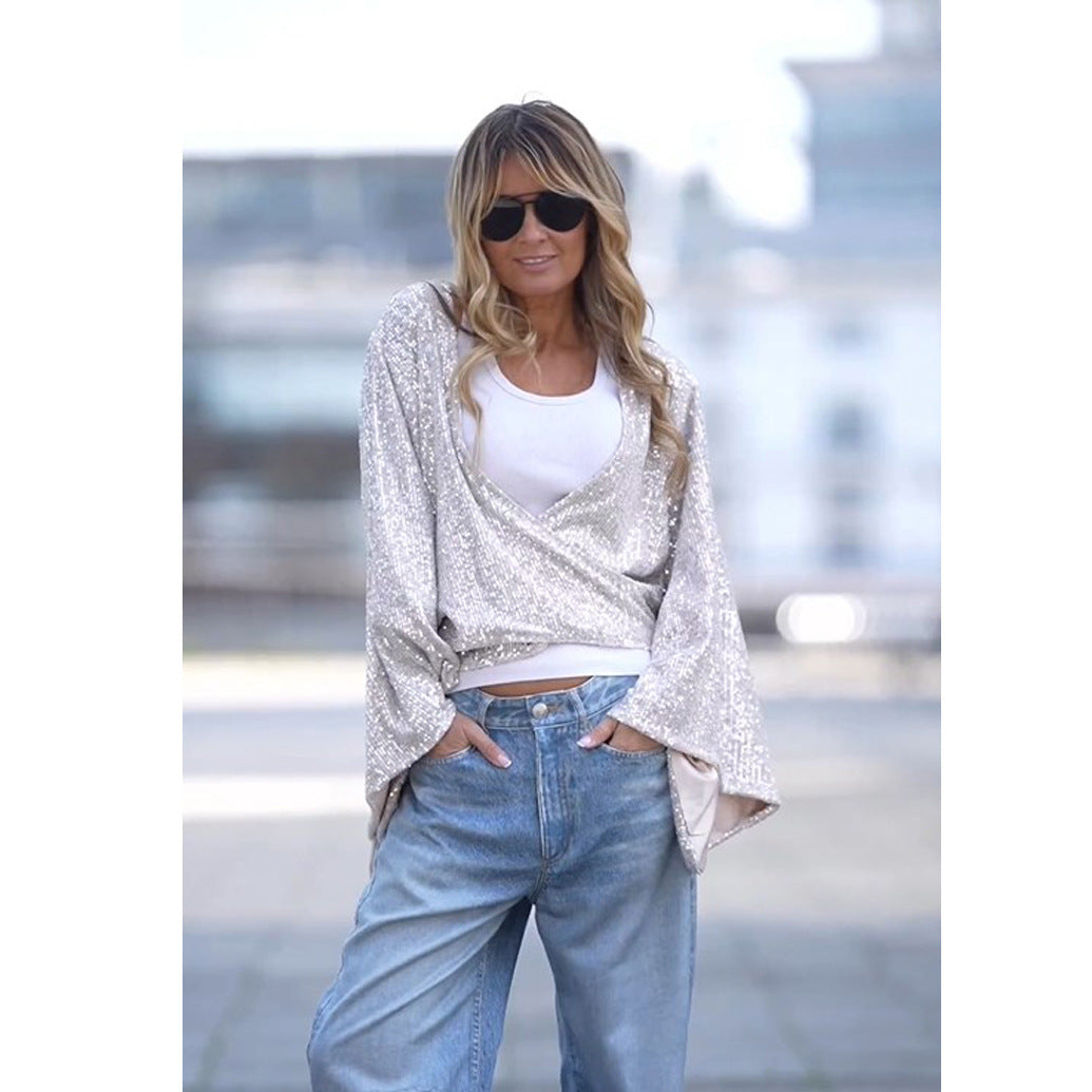 Limorista - Sequined Lace-up Fashion Casual Shirt Loose Party Bell Sleeve Top For Women
