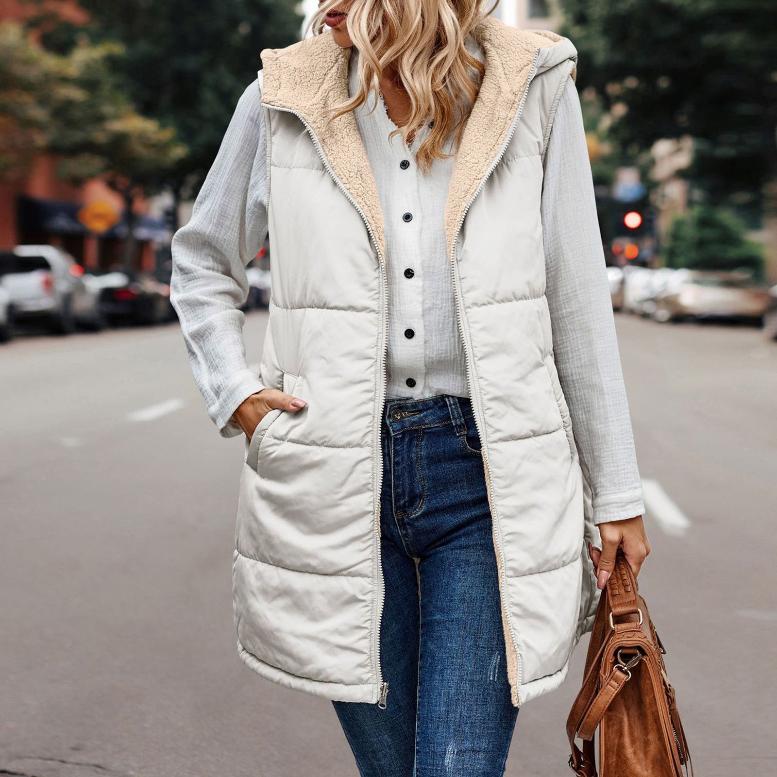 European And American Solid Color Hooded Cotton Jacket Vest Double-sided Wear Slim Elegant Cardigan Coat Limorista