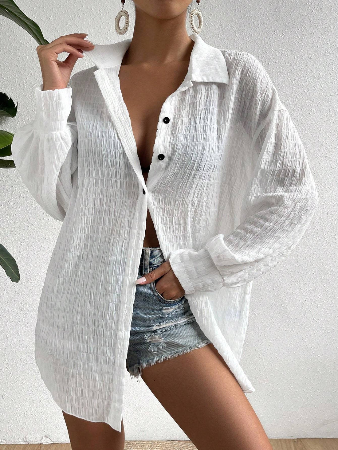 Drop Shoulder Button Front Kimono,Long Sleeve Tops Limorista