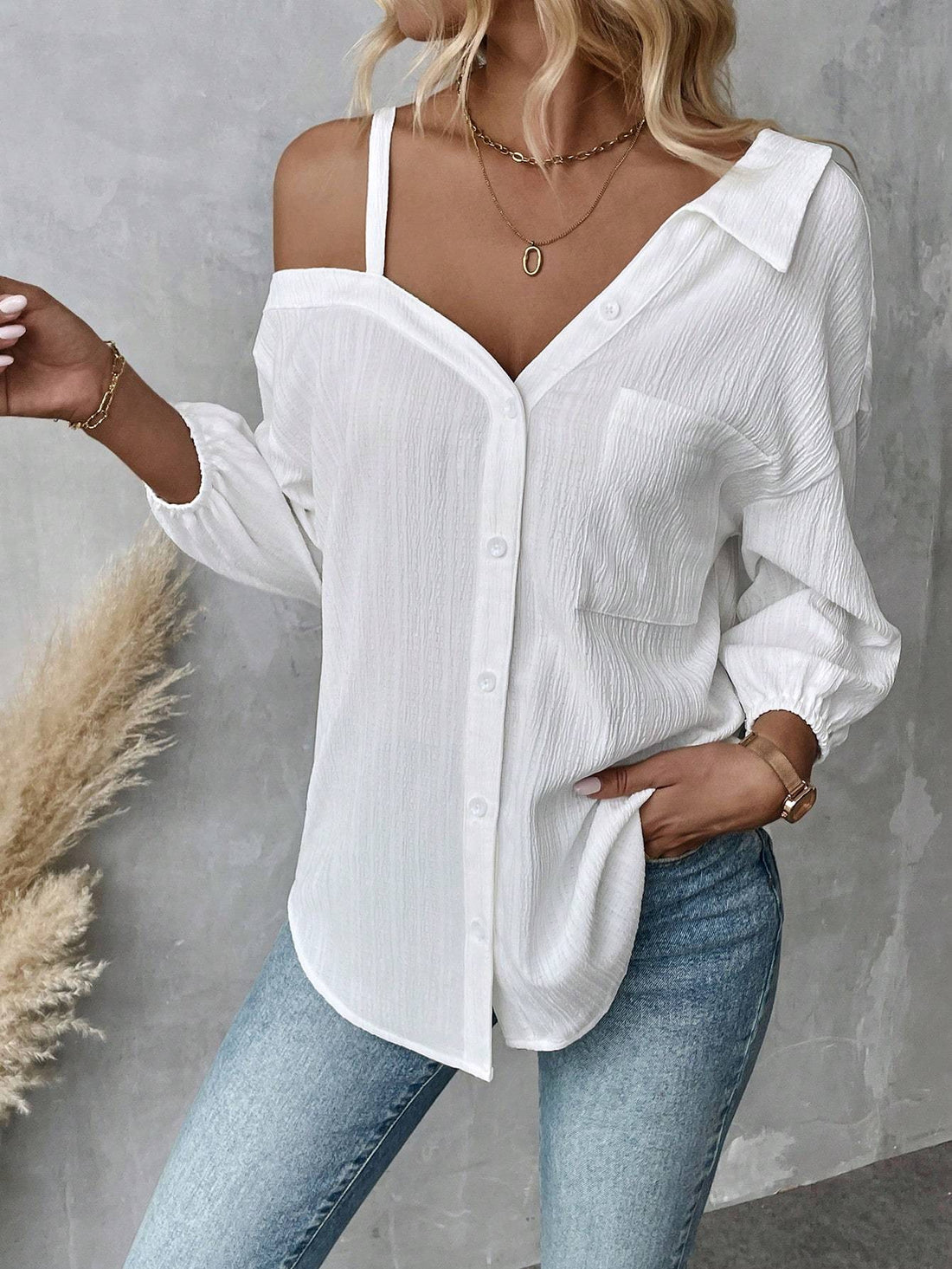Fall Solid Color White Asymmetric Collar Dropped Shoulder Loose Casual Blouse Spring And Summer New Fashion Street Style Casual Asymmetrical Shoulder Shirt Limorista