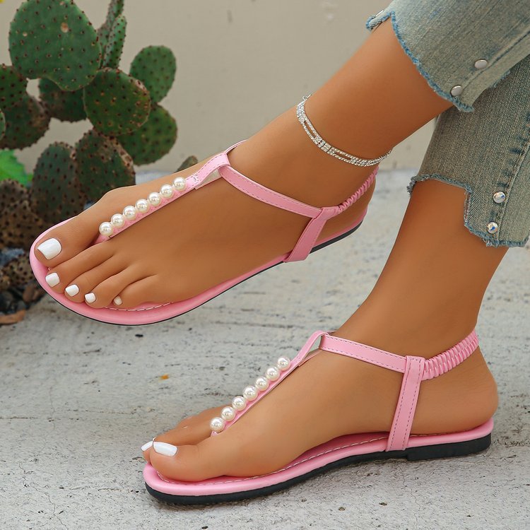 Pearl Thong Sandals Summer Fashion T-Strap Flat Sandals With Elastic Band Beach Shoes For Women Limorista