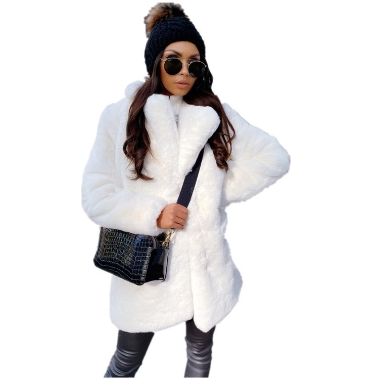 Temperament Long Sleeve Lapel Faux Fur Coat Solid Color Coat Women Fur Fur Women&