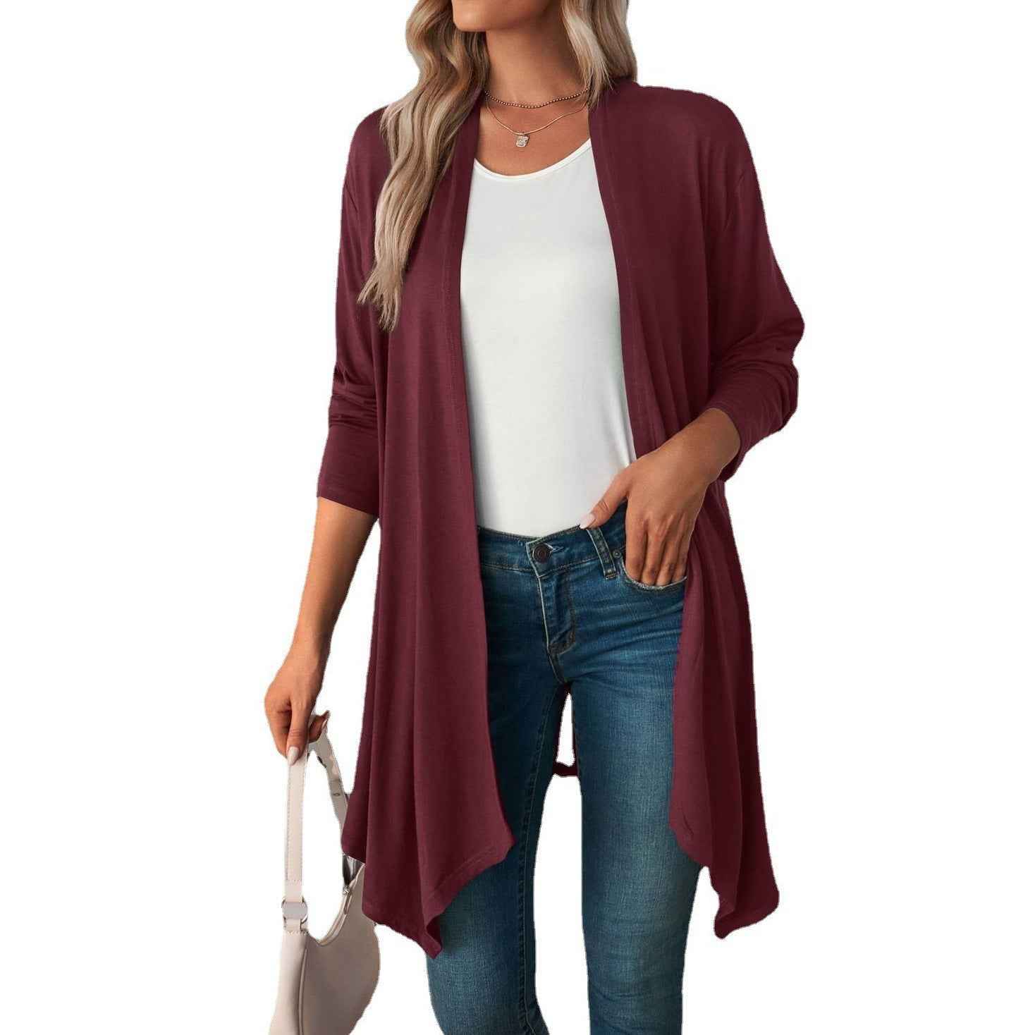 Limorista - Solid Color Long Sleeve Cardigan Jacket Long Shirt Women