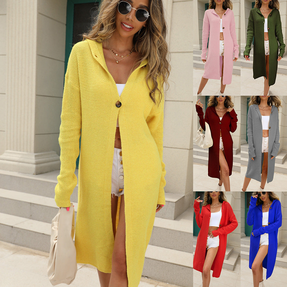 Sweater Cardigan Solid Color Long Sleeve Hooded Long Knitted Cardigan Women&