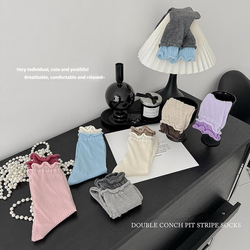 Contrast Color Double Screw Transparent Silk Cool Sunken Stripe Socks Limorista