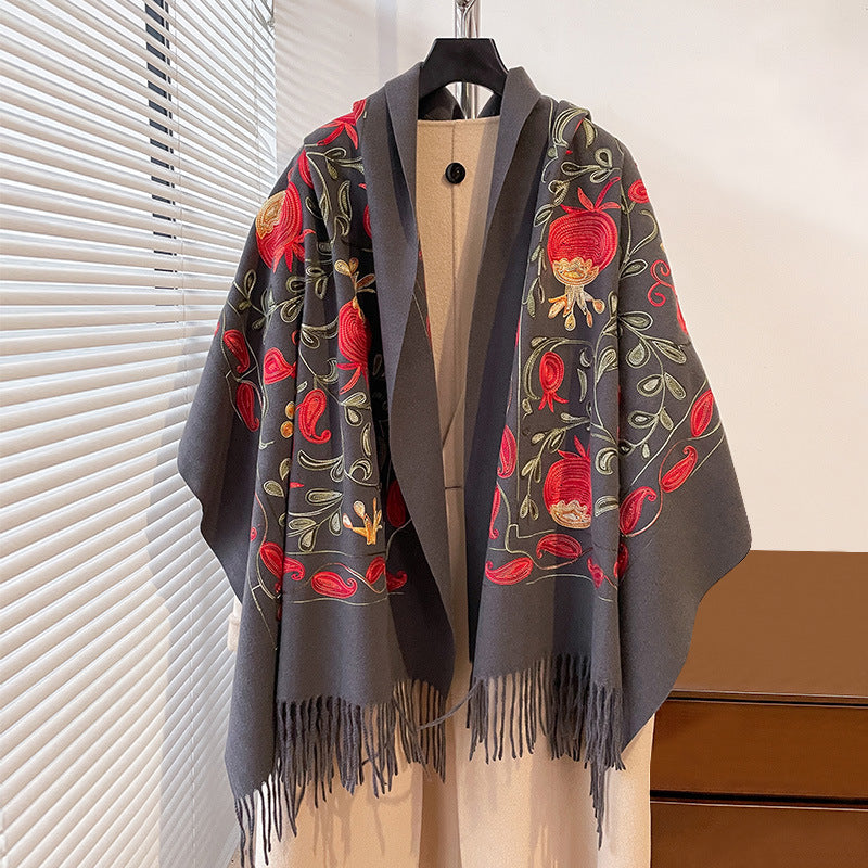 Contrast Color Pomegranate Leaf Embroidered Double-sided Shawl Limorista