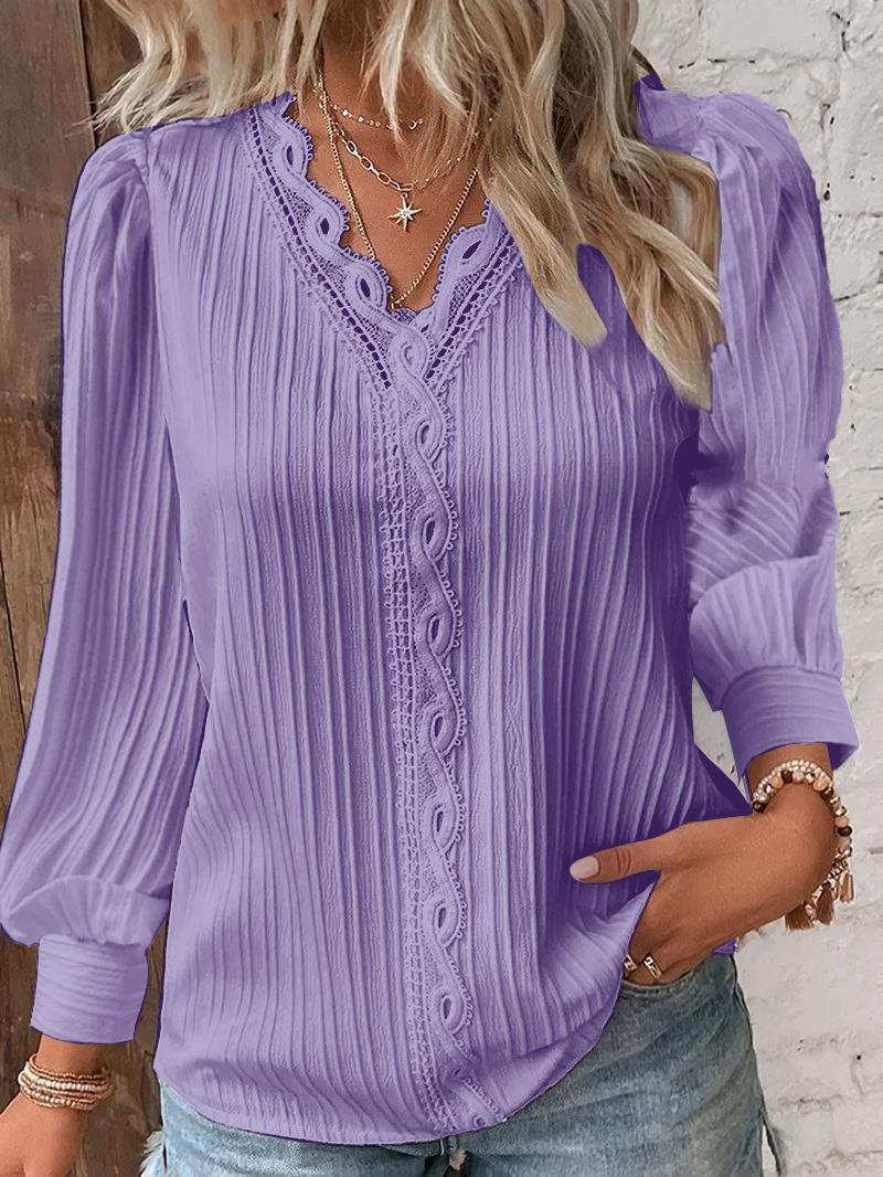 Long Sleeve V-neck Lace Patchwork Shirt Limorista