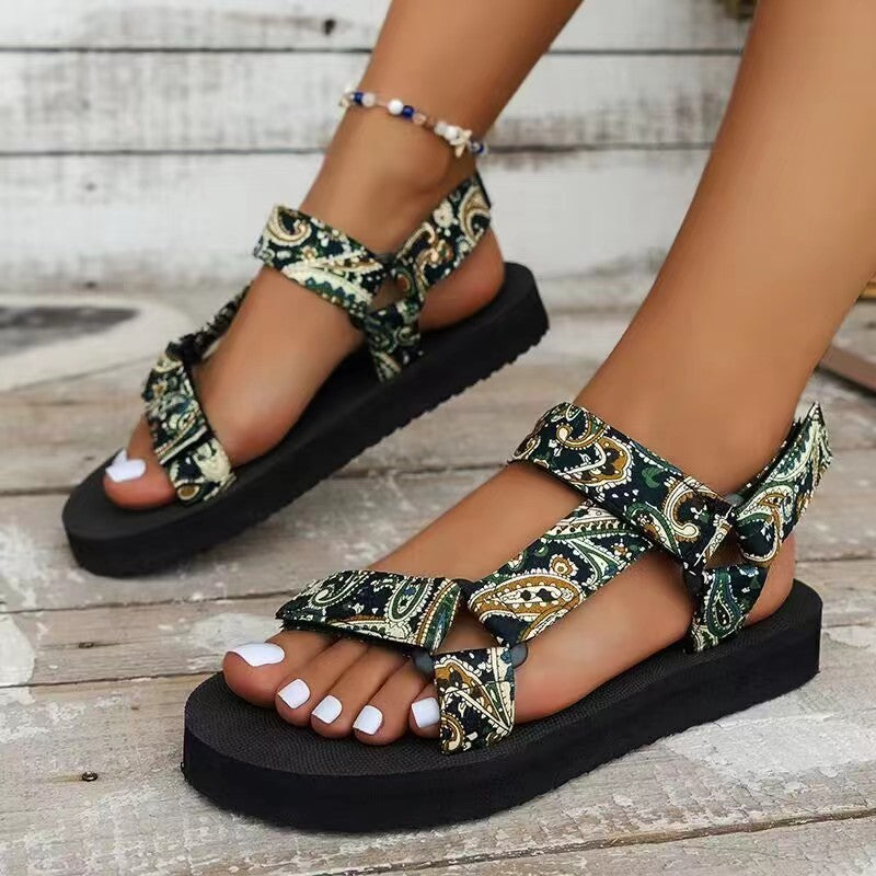 Printed Velcro-design Sandals Summer Ethnic Style Thick Flat Sandals Women&