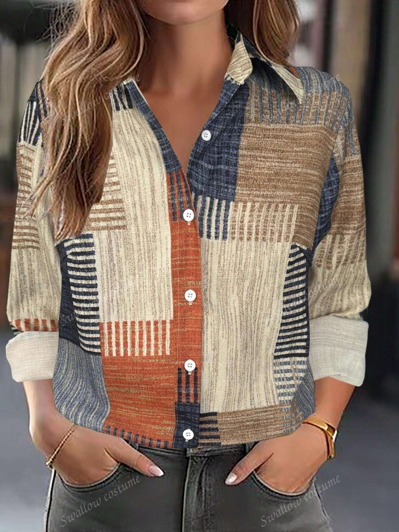 Color Block Button Print Long Sleeve Casual Retro Shirt Limorista
