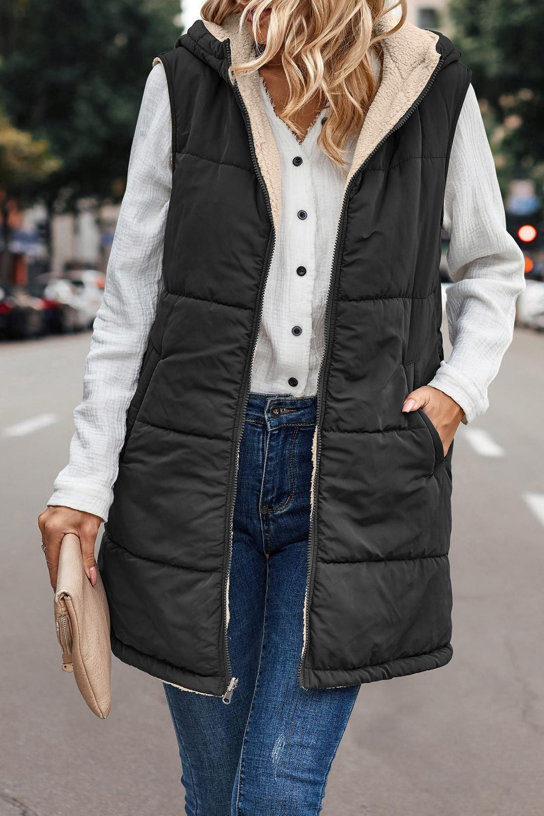 Limorista - European And American Solid Color Hooded Cotton Jacket Vest Double-sided Wear Slim Elegant Cardigan Coat