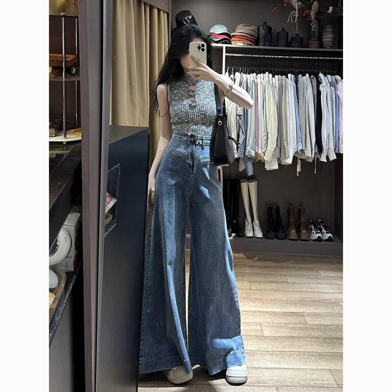 Retro Blue High Waist Loose Slim Floor-length Jeans For Women American High Street Drape Versatile Wide-leg Pants Limorista
