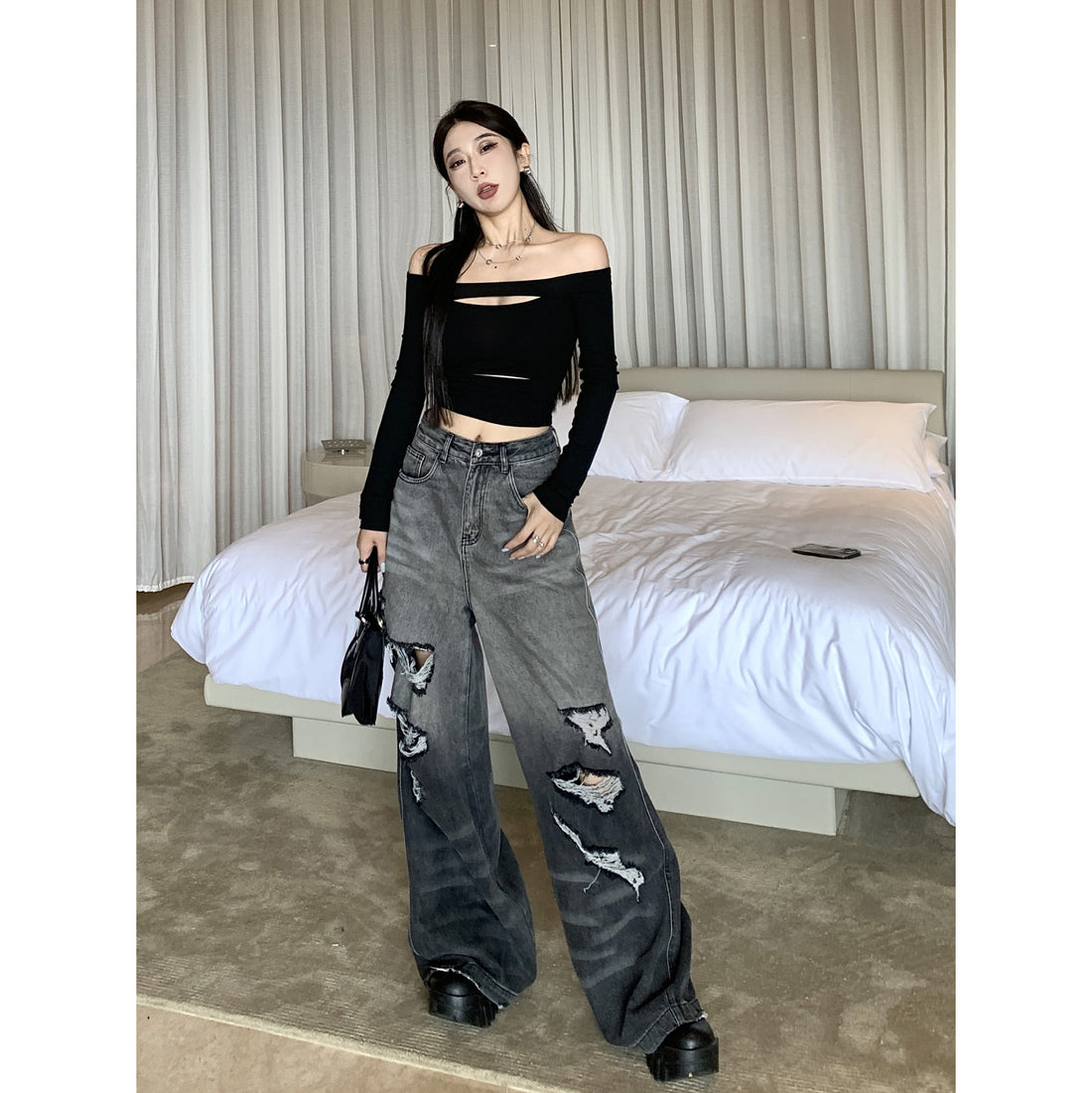 Gradient Color Big Ripped Hot Girl Wide Leg Jeans For Women Limorista