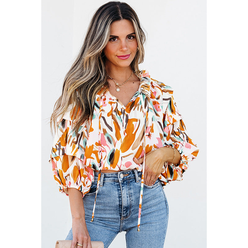 European And American Fashion Colorblock Printed V-neck Chiffon Shirt Women Limorista