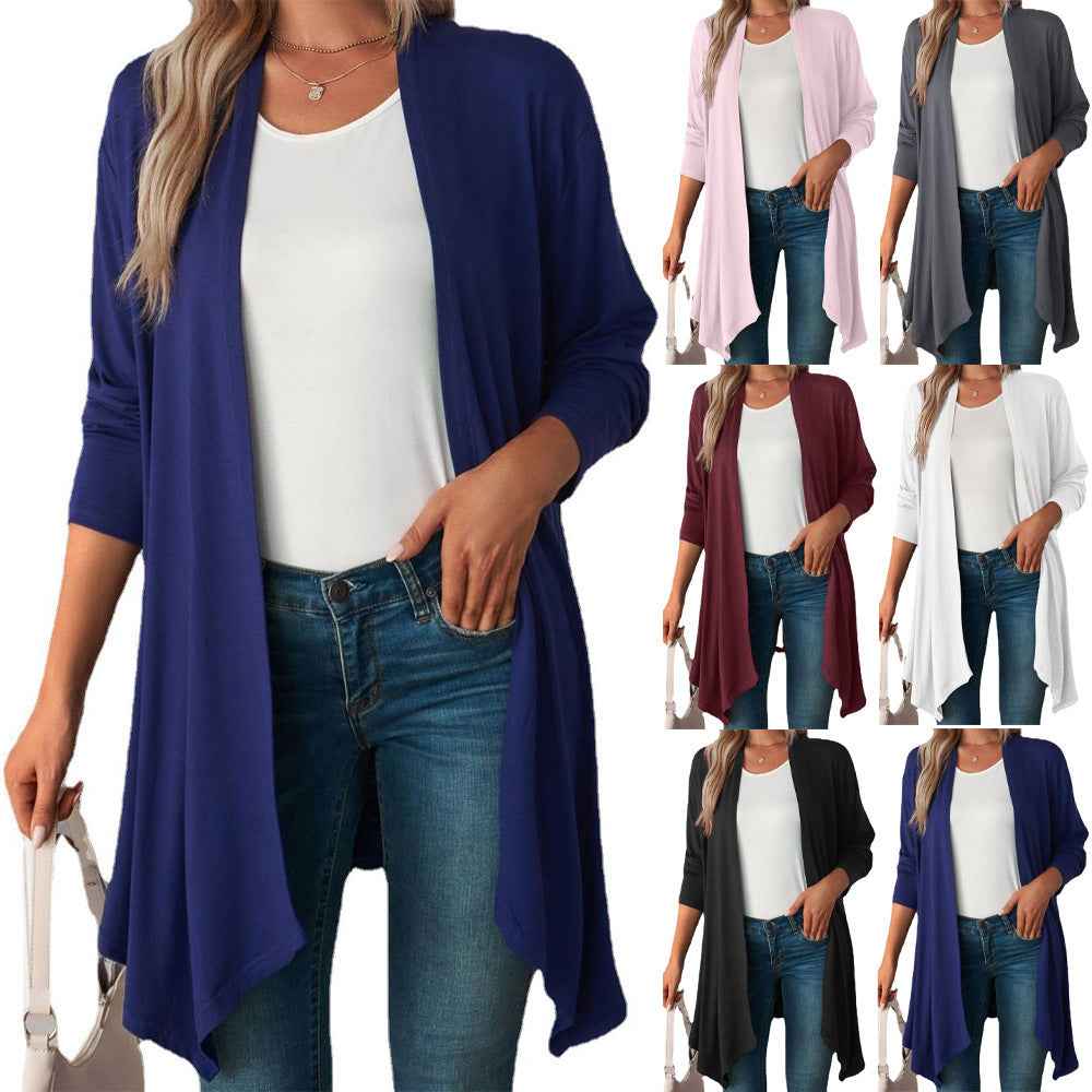 Limorista - Solid Color Long Sleeve Cardigan Jacket Long Shirt Women