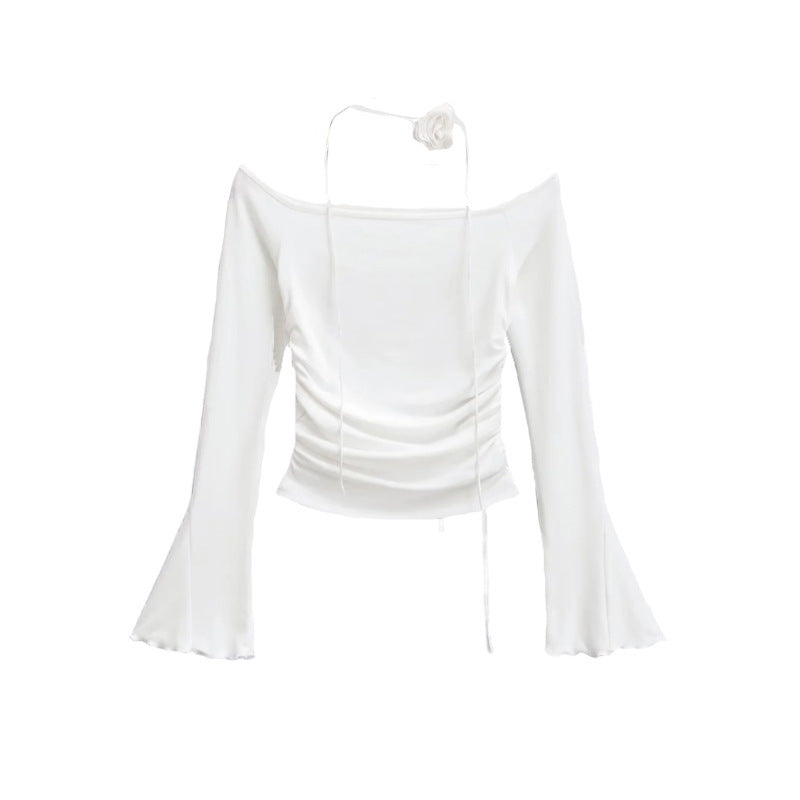 Limorista - Flower Horn Long Sleeve T-shirt Tight Pleated High Waist Short