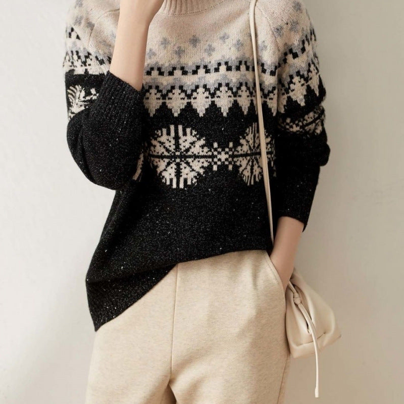 Autumn And Winter Spring New Half Turtleneck Knitted Snowflake Retro Loose Sweater Limorista