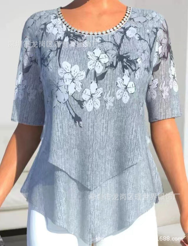 Positioning Printed Round Neck Irregular Short Sleeve Limorista