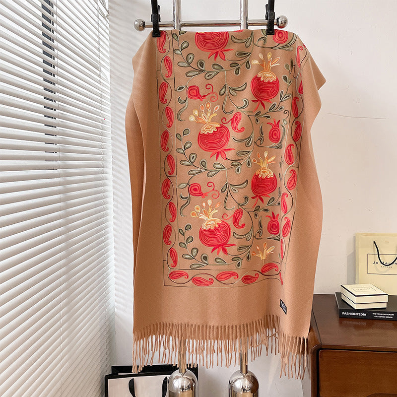 Contrast Color Pomegranate Leaf Embroidered Double-sided Shawl Limorista