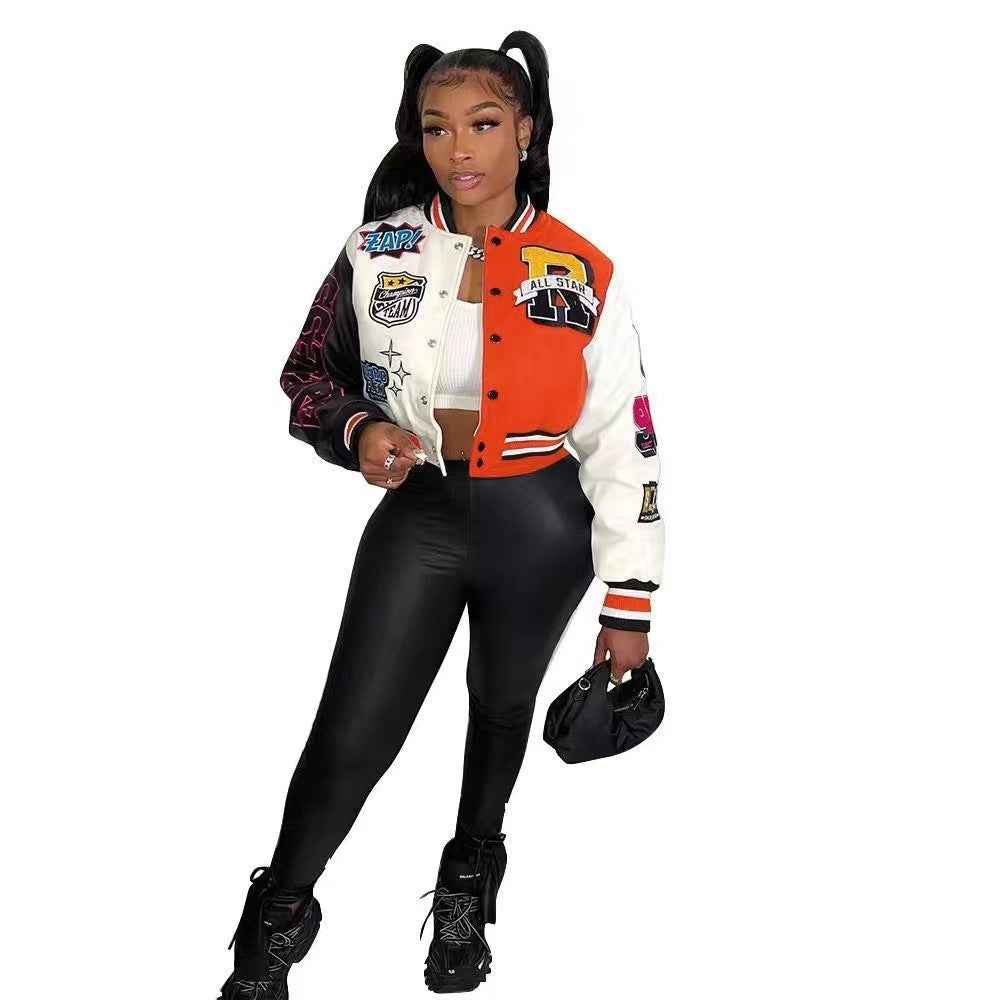 Limorista - Color Block Press Button Fashion Printed Double Layer Jacket