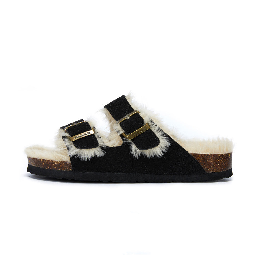 Autumn And Winter Plush Flat Bottomed Frosted Leather Boken Cork Slippers Limorista