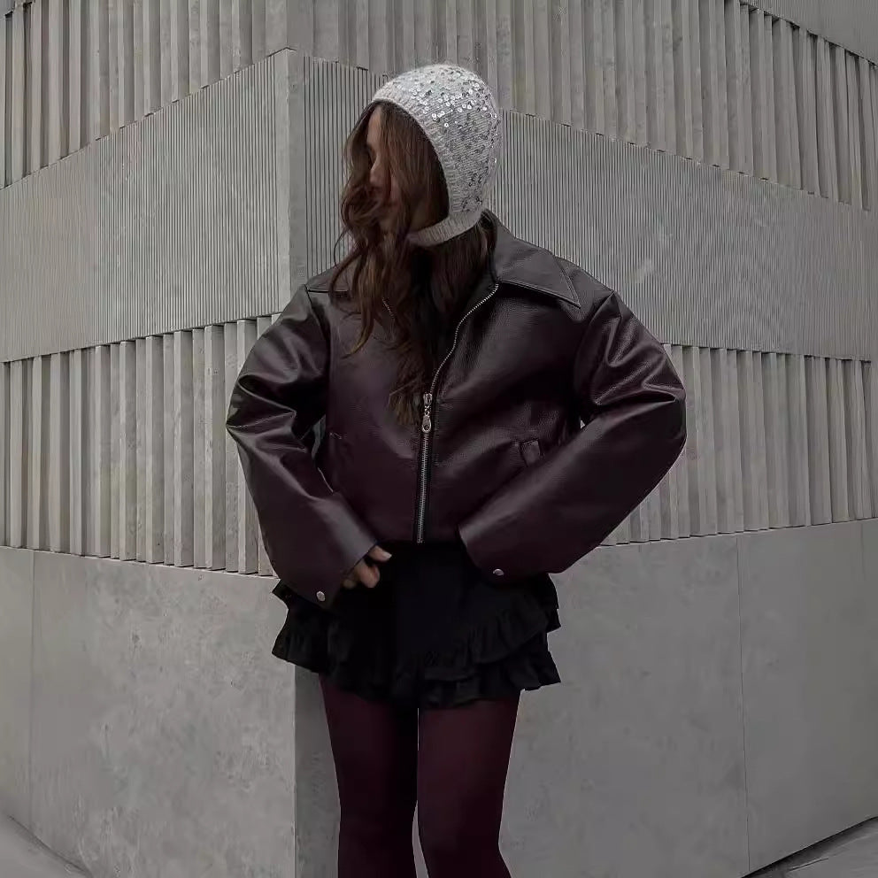 Solid Color Lapel Zipper Jacket Fashion Casual Long Sleeve Leather Coat Tops Women Clothing Limorista