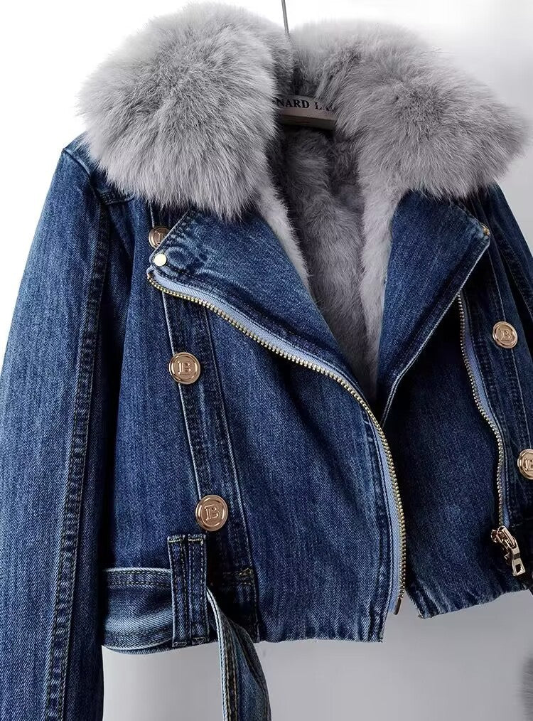 Detachable Fox Fur Rabbit Fur Liner Denim Coat Limorista