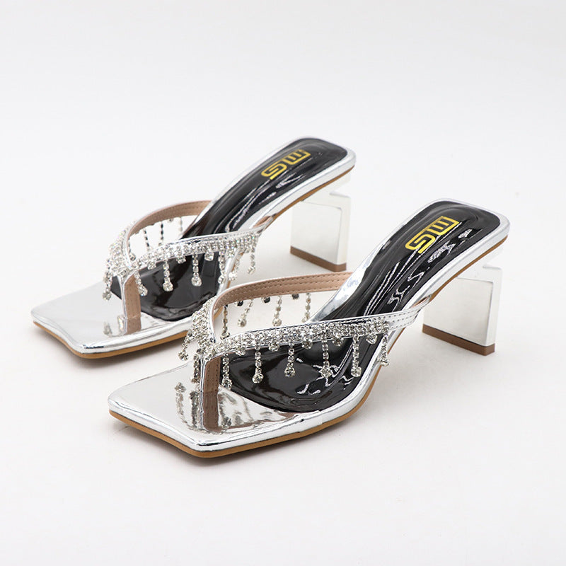 Square Toe Rhinestone High-heeled Outdoor Women&