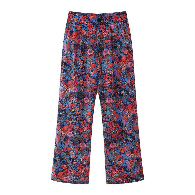 Flower Print Bowknot Decoration Short Sleeve Top Straight Casual Trousers Suit Limorista