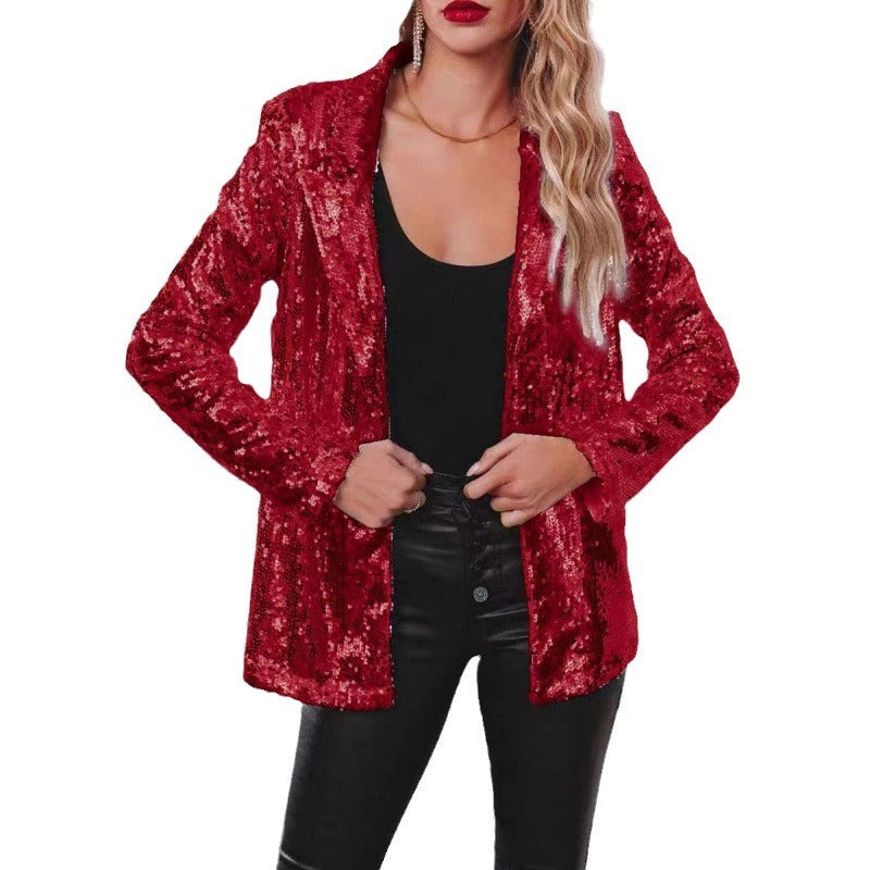 Limorista - Lapel Long Sleeve Sequined Casual Suit Jacket Women