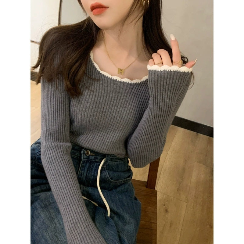Limorista - French Style Classic Style Bell Sleeve Wooden Ear Knitted Sweater