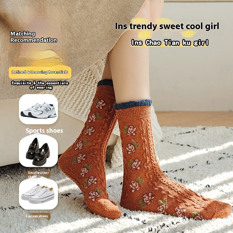 Vintage Small Flower Wool Socks Fleece Lined Padded Warm Keeping Tube Socks Limorista