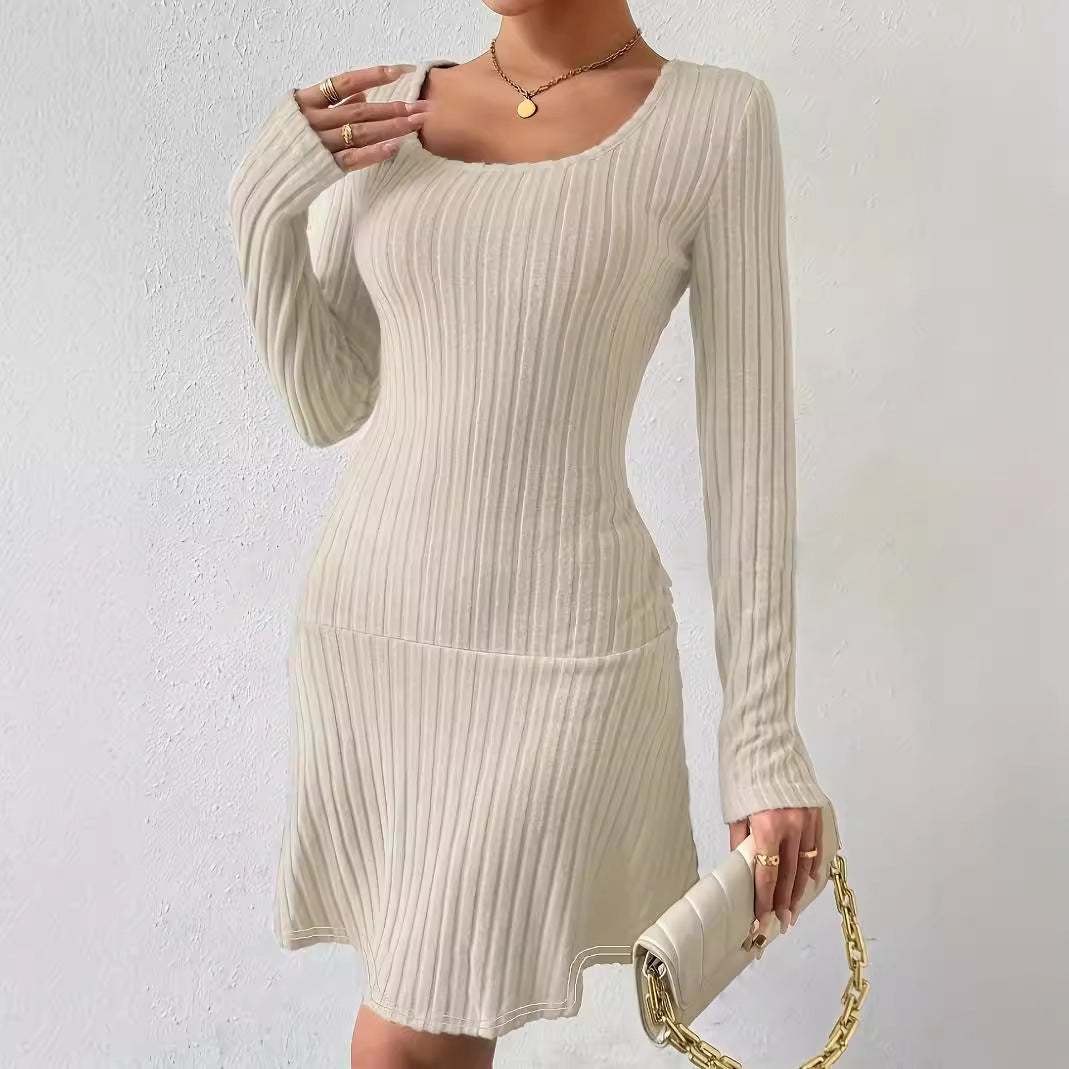 Fashion Solid Color Waist Tight Long Sleeve Dress Limorista
