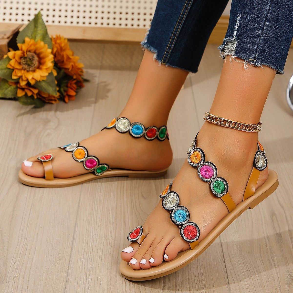 Fashion Peacock Embroidery Pattern Flat Sandals Summer Vacation Casual Clip Toe Beach Shoes For Women Limorista