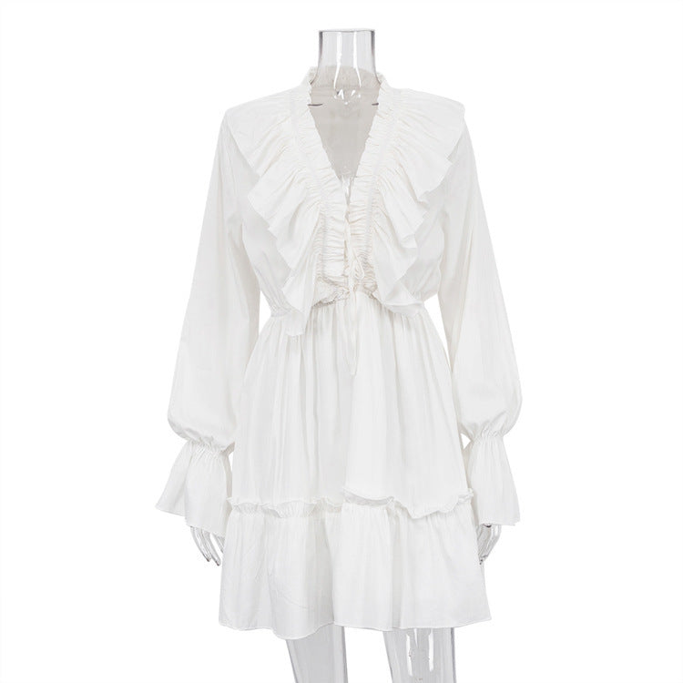 Fashion V Neck Pleated Ruffle Long Sleeve Dress Y2K V Neck Flared Sleeve Short Dress Women&