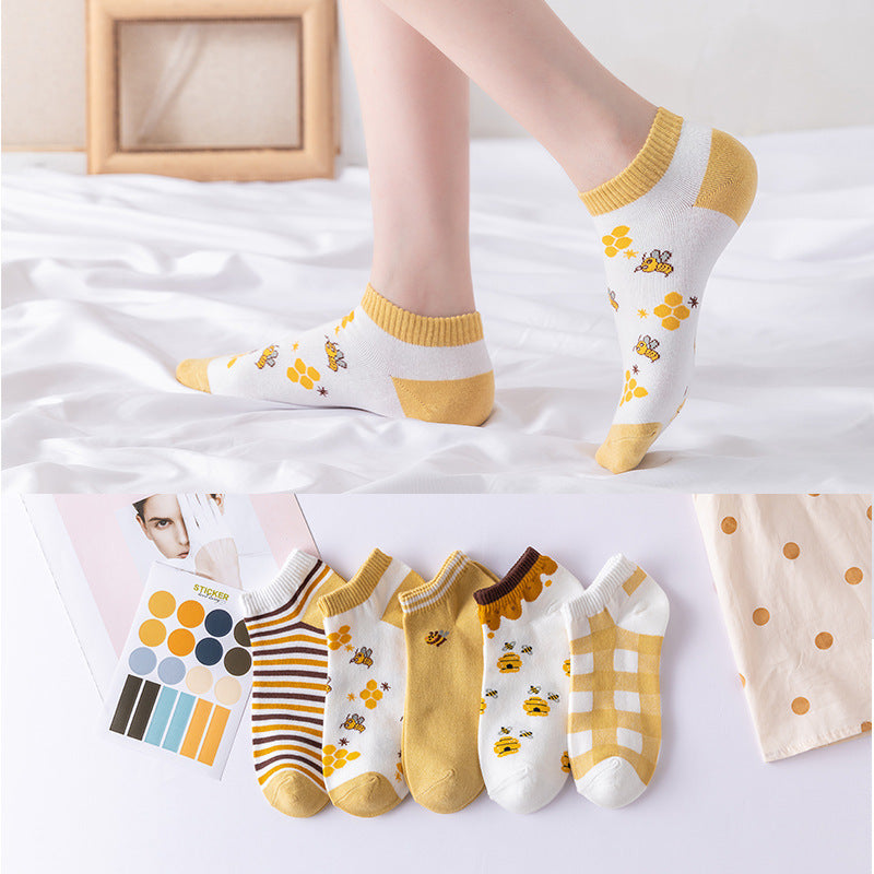 Cartoon Little Bee Boat Socks Pure Female Embroidery Combed Cotton Socks Limorista
