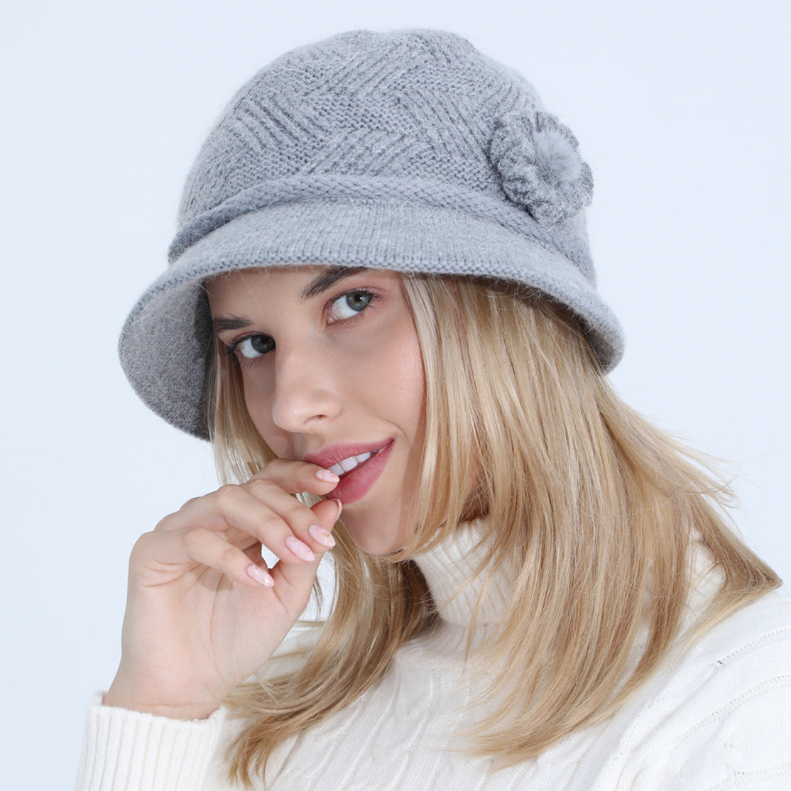 Knitted Hat New Ladies Autumn And Winter Flowers Mother Rabbit Woolen Pot Hat Plus Velvet Limorista