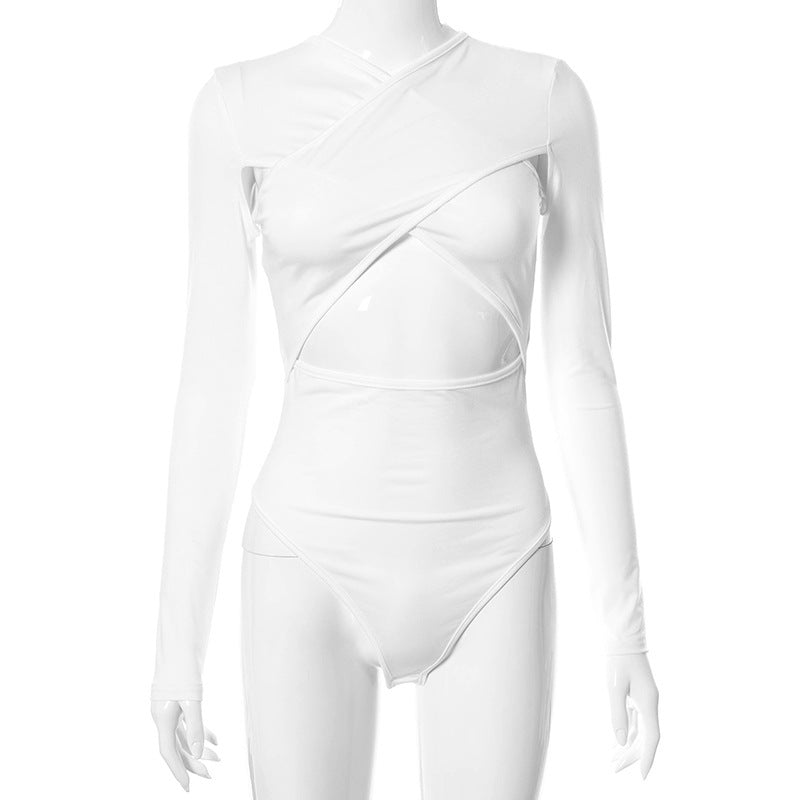 Limorista - Pure Color Cross-cut Long-sleeved Cut-waist Slim-fit Bodysuit
