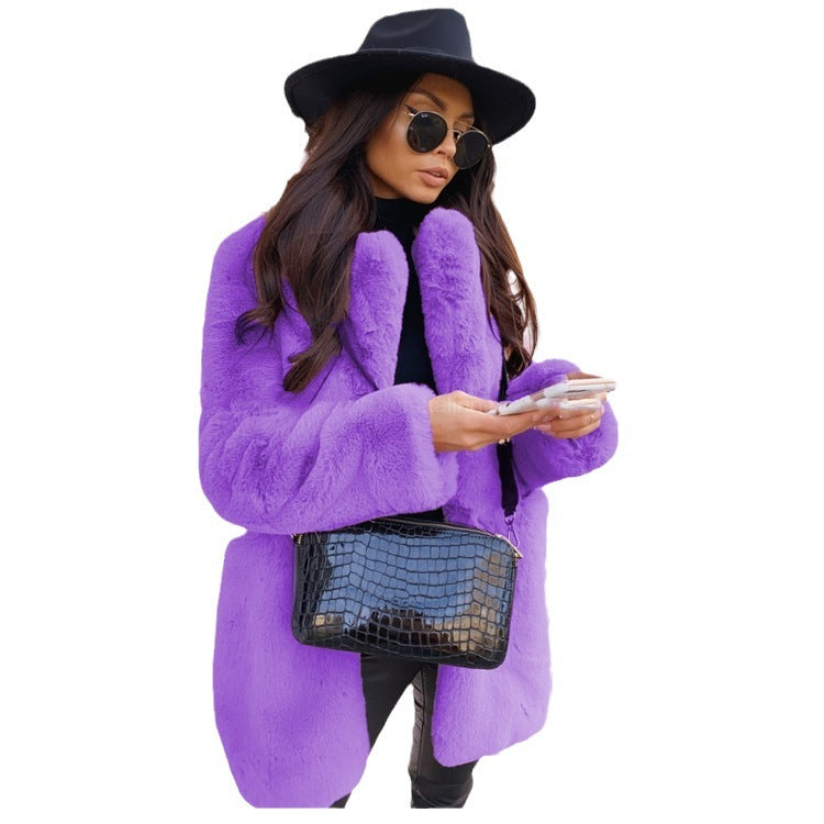 Temperament Long Sleeve Lapel Faux Fur Coat Solid Color Coat Women Fur Fur Women&