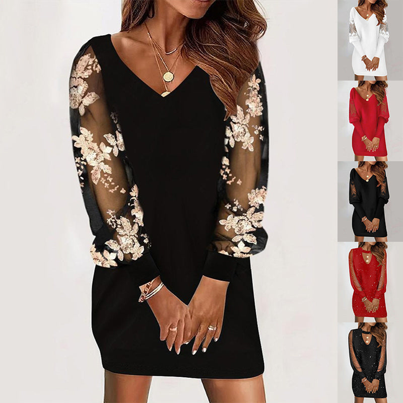 Long-sleeved V-neck Dress Spring And Autumn New Style Lace Splicing Dress For Womens Clothing Limorista