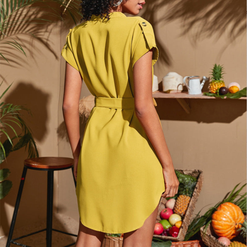 V-neck Short Sleeve Dress With Belt Summer Fashion Bowknot Dresses For Women Clothing - Limorista