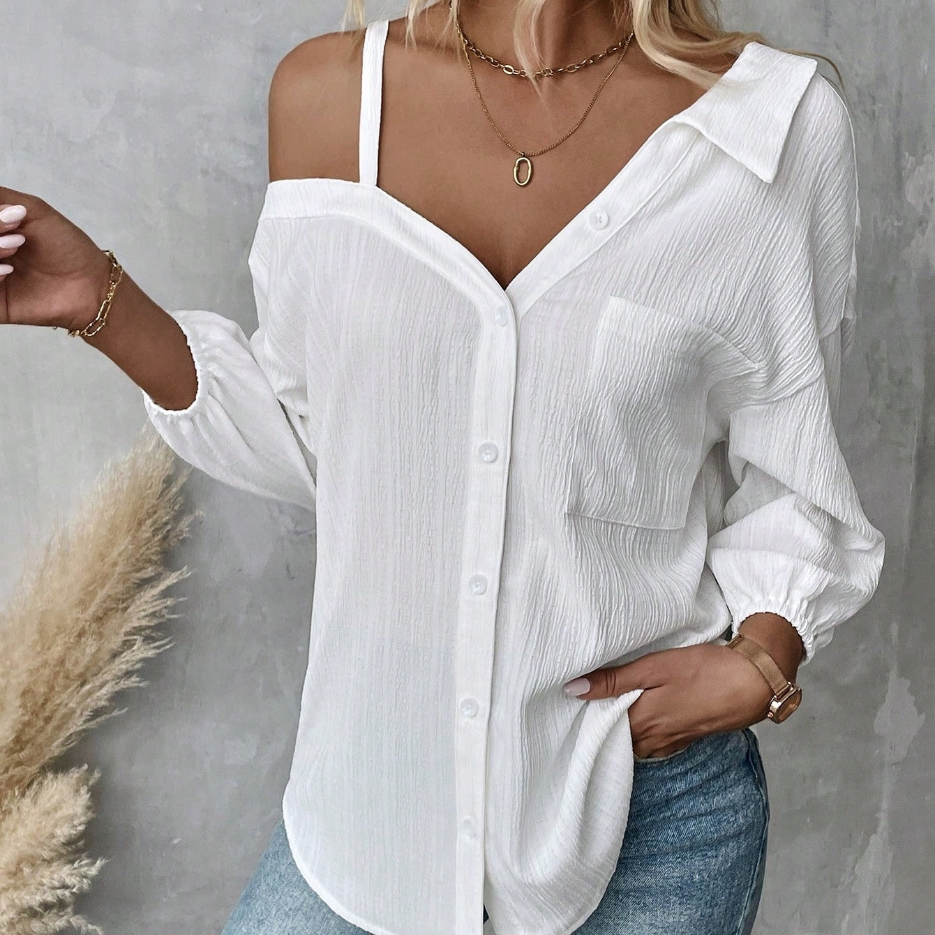 Fall Solid Color White Asymmetric Collar Dropped Shoulder Loose Casual Blouse Spring And Summer New Fashion Street Style Casual Asymmetrical Shoulder Shirt Limorista