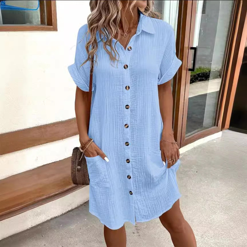 Summer Short Sleeve Shirt Dress Fashion Solid Color Single-breasted Mid-length Loose Dress - Limorista