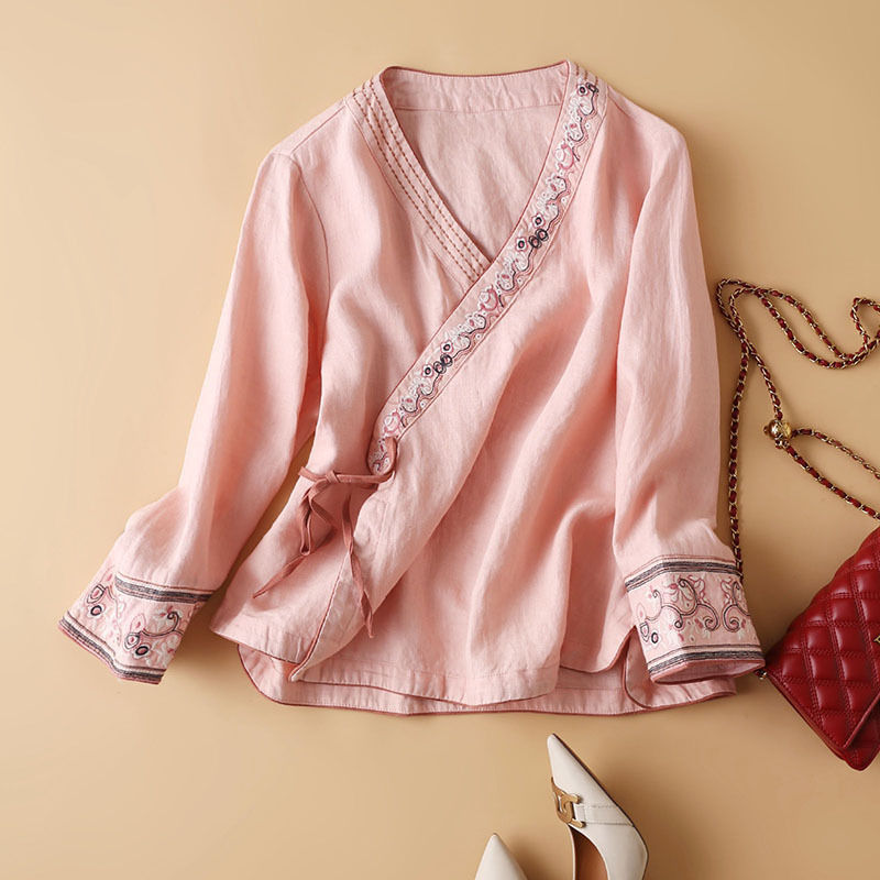 Cotton And Linen Long Sleeve T-shirt Women&
