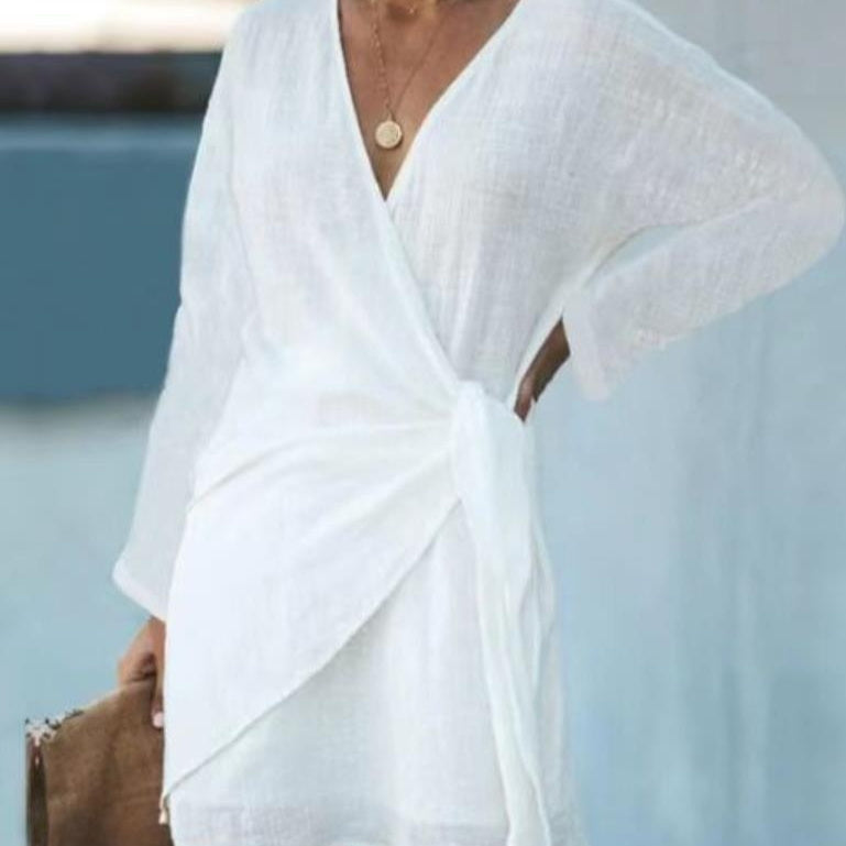 Leisure Style Cotton Linen Cross V-neck Solid Color Long Sleeves Mid-length Dress Limorista