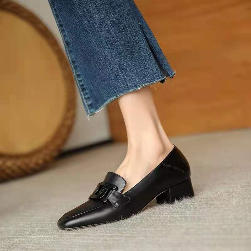 Slip-on British Metal Buckle Square Toe Leather Shoes Limorista