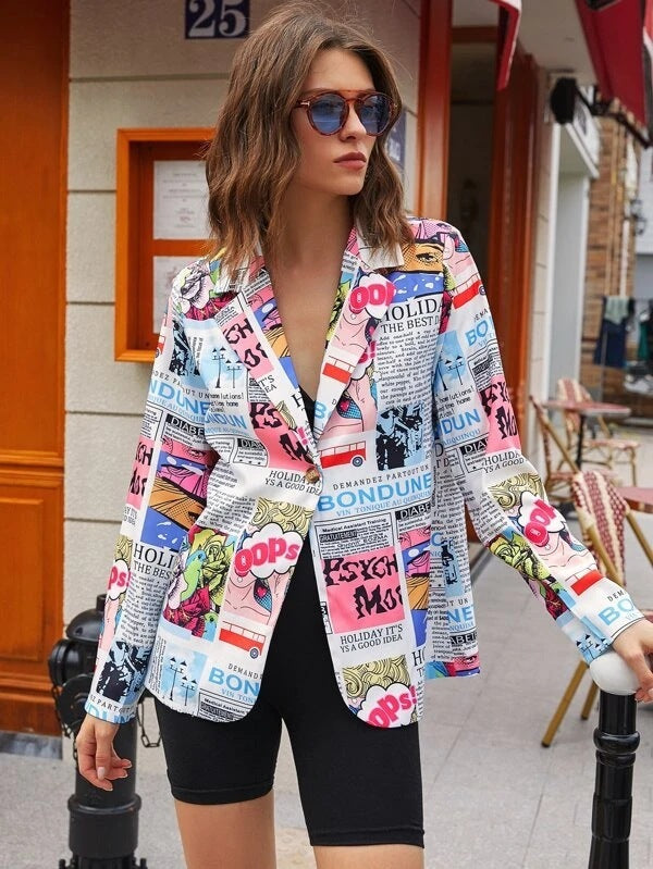 Newspaper No Positioning Printing Ladies Thin Small Suit Jacket Women&