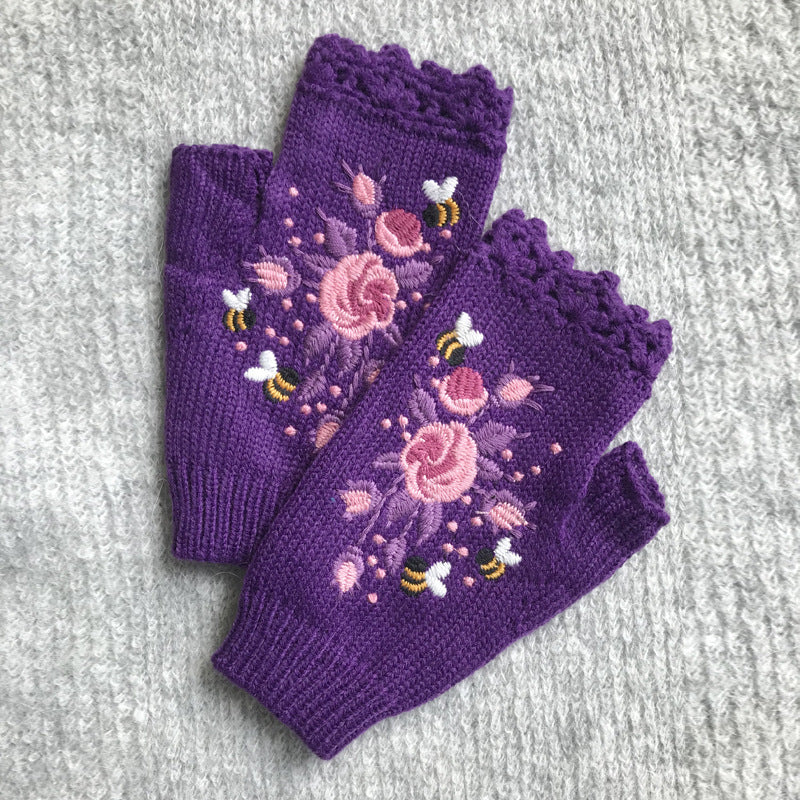 Embroidered Ladies Warm Gloves Bee Floral Knit Limorista