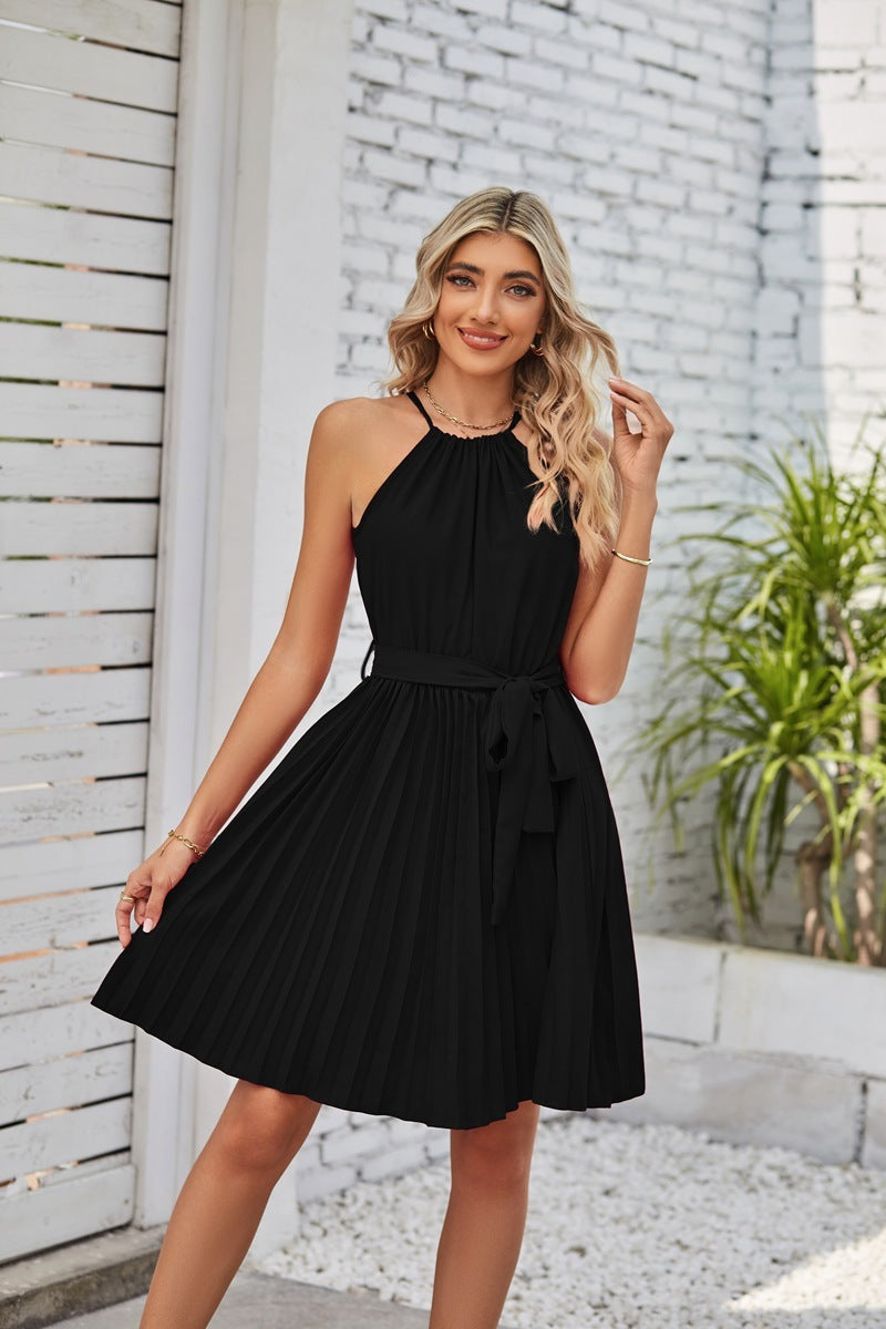 Halter Strapless Dresses For Women Solid Pleated Skirt Summer Beach Sundress Limorista